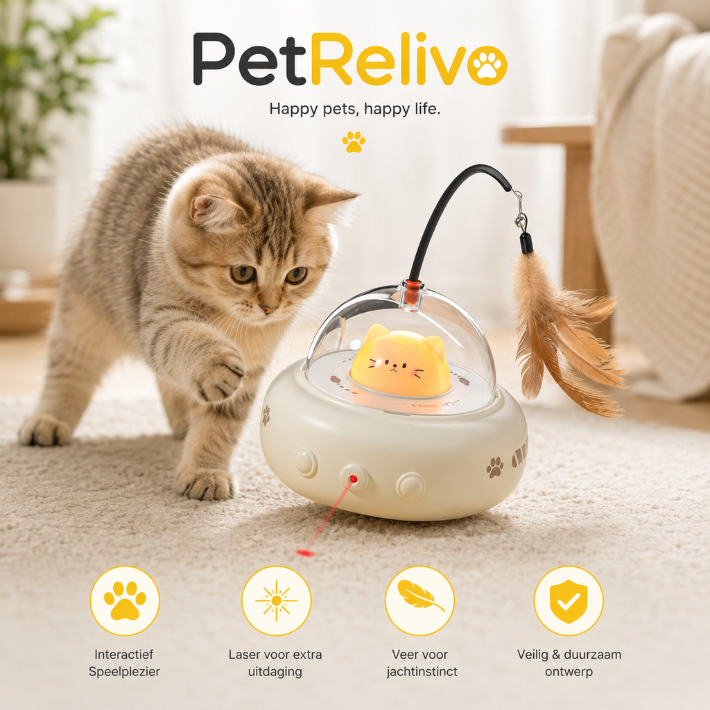 PetRelivo UFO 3-in-1 Automatisch Interactief Kattenspeelgoed met Laser en Veer