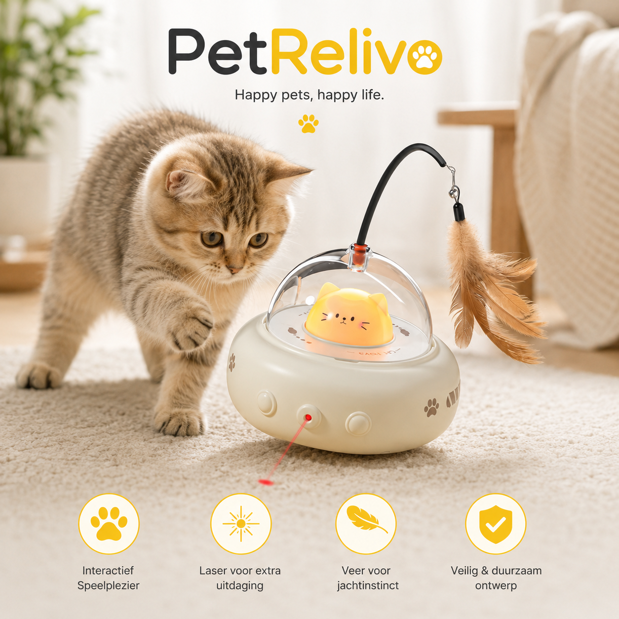 PetRelivo UFO 3-in-1 Automatisch Interactief Kattenspeelgoed met Laser en Veer